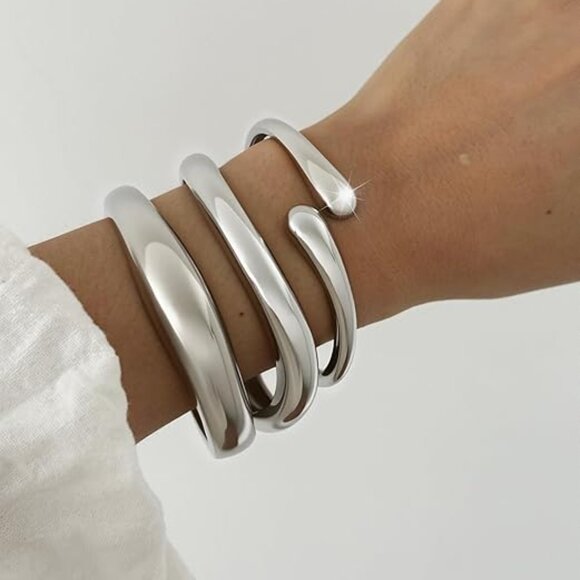 3Pcs Silver Twisted Hinged Stackable Bangle Bracelet Set, Trendy Cuff Bracelet - Picture 3 of 5
